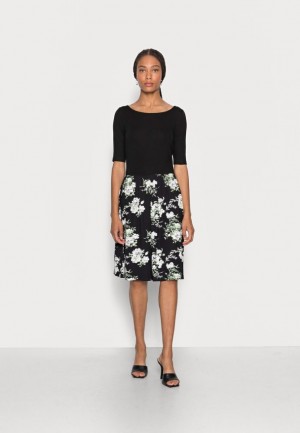 Rochie Dama Anna Field Barca Neck Print Rochie With Solid Skirt Jersey Rochie Negrii | 02368-UITB