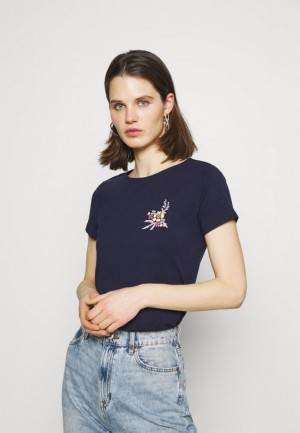 Tricouri Dama Anna Field Print T Shirt Albastri Inchis | 93651-AOZF